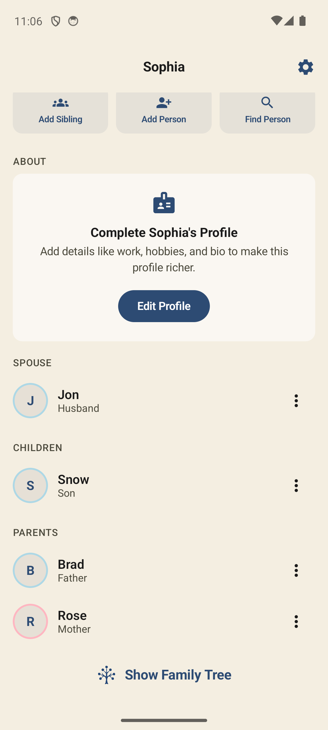 Spouse, children and parents listed on an Android profile
