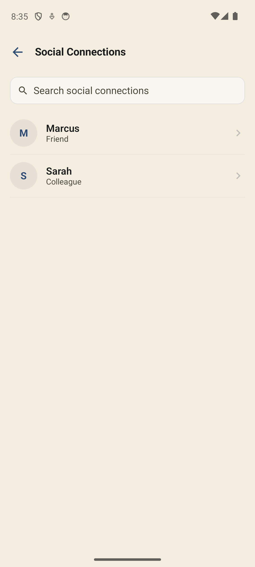 Social connections list with friends and colleagues on Android