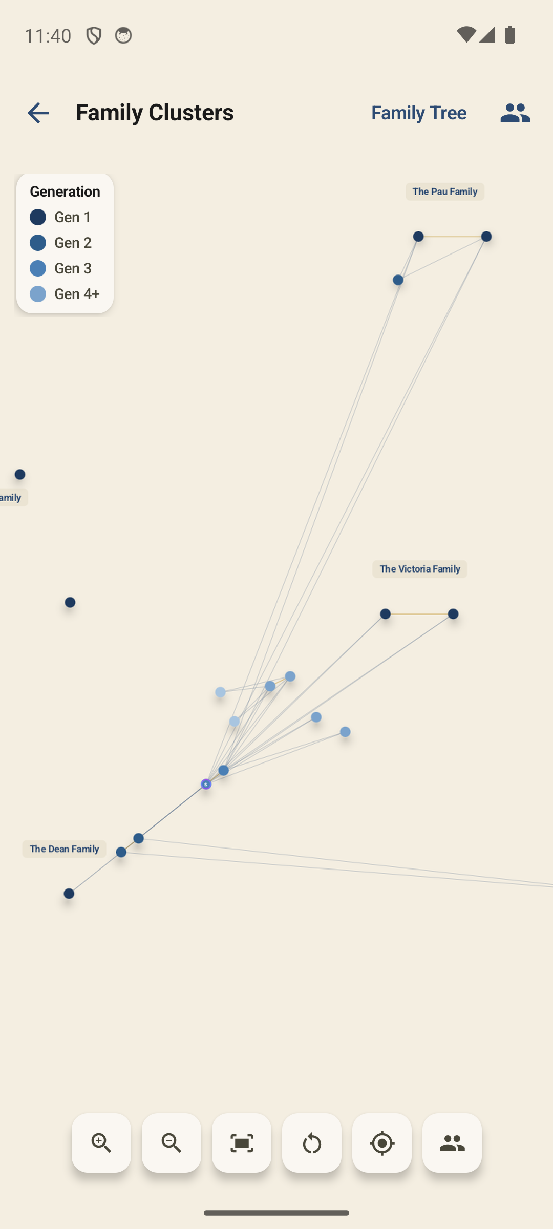 Family clusters view with generation colours on Android