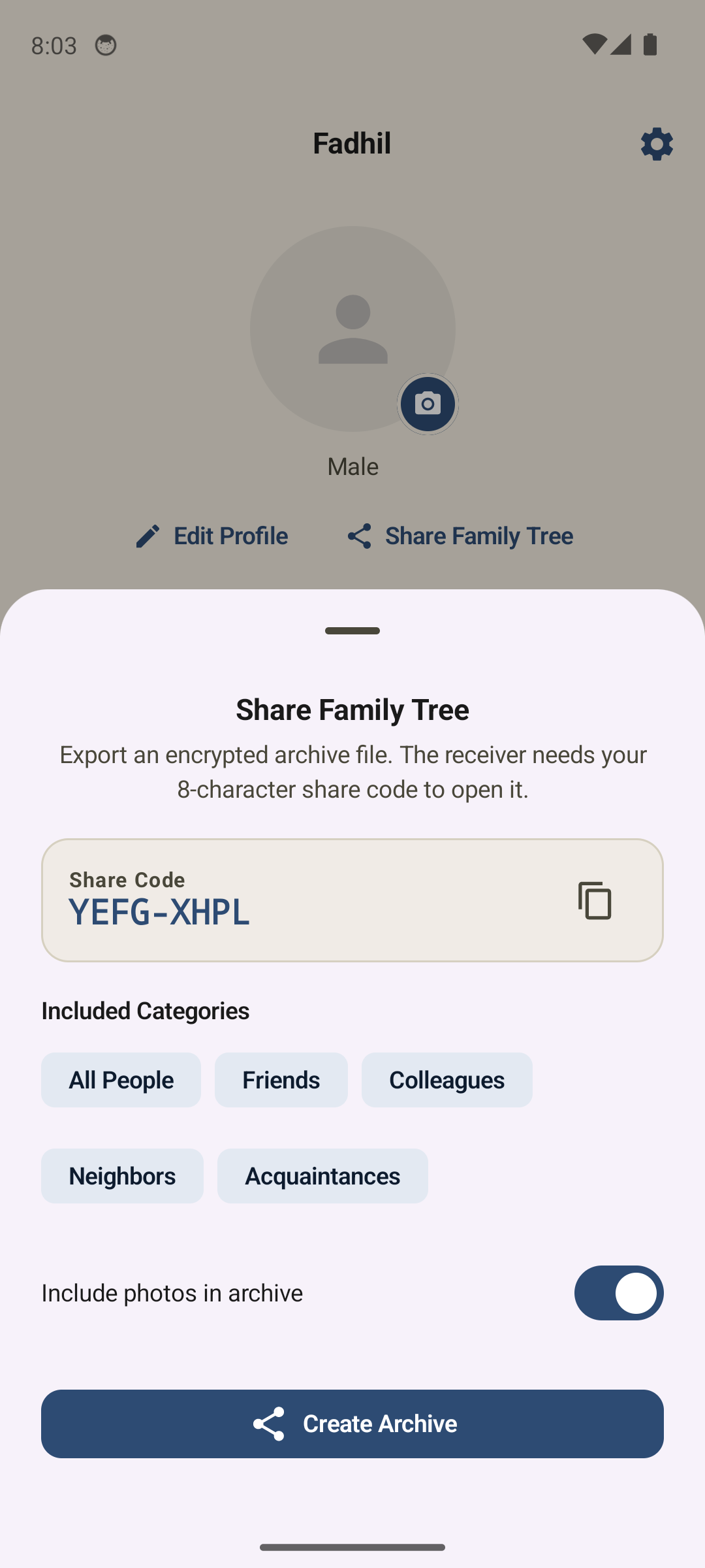 Encrypted archive sheet with an 8-character share code on Android