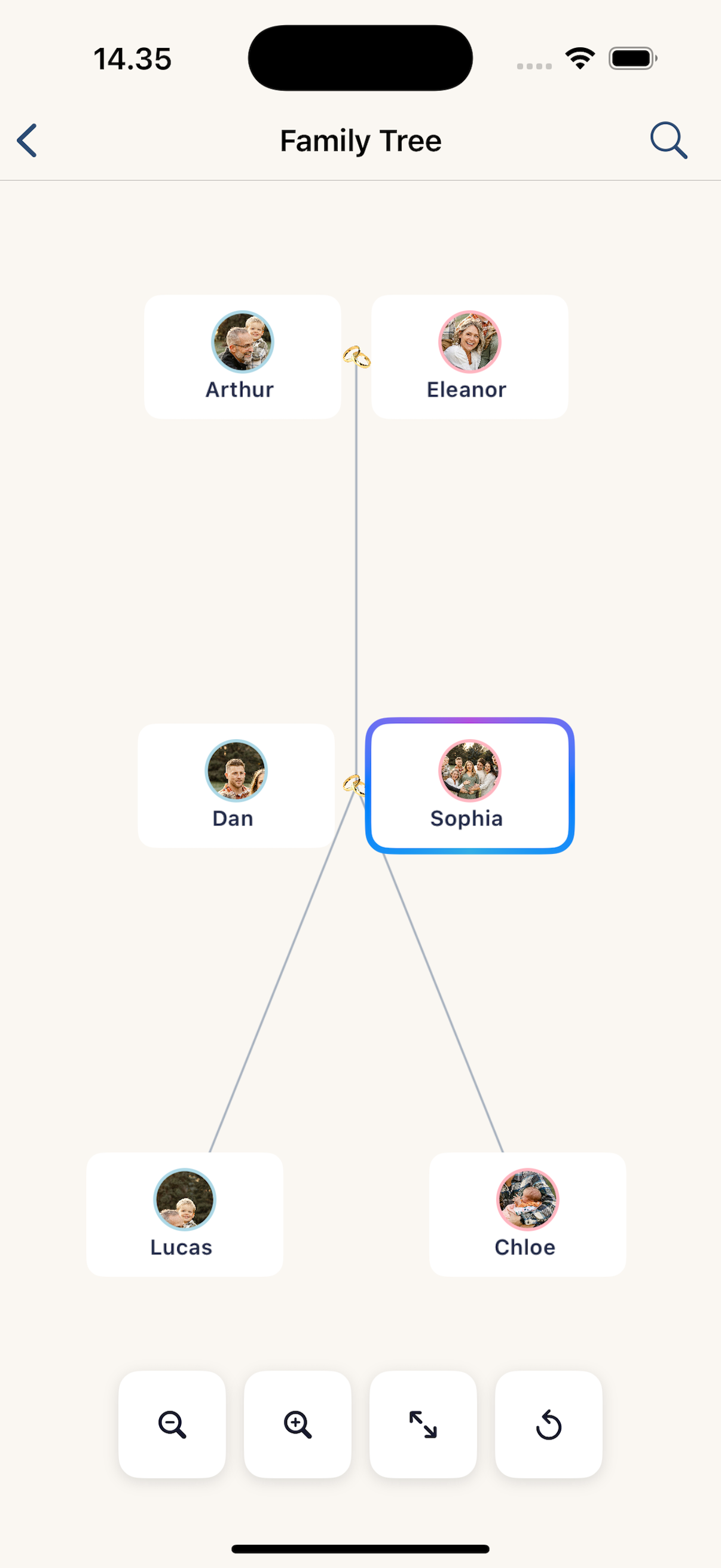 The family tree diagram with marriage rings on iPhone