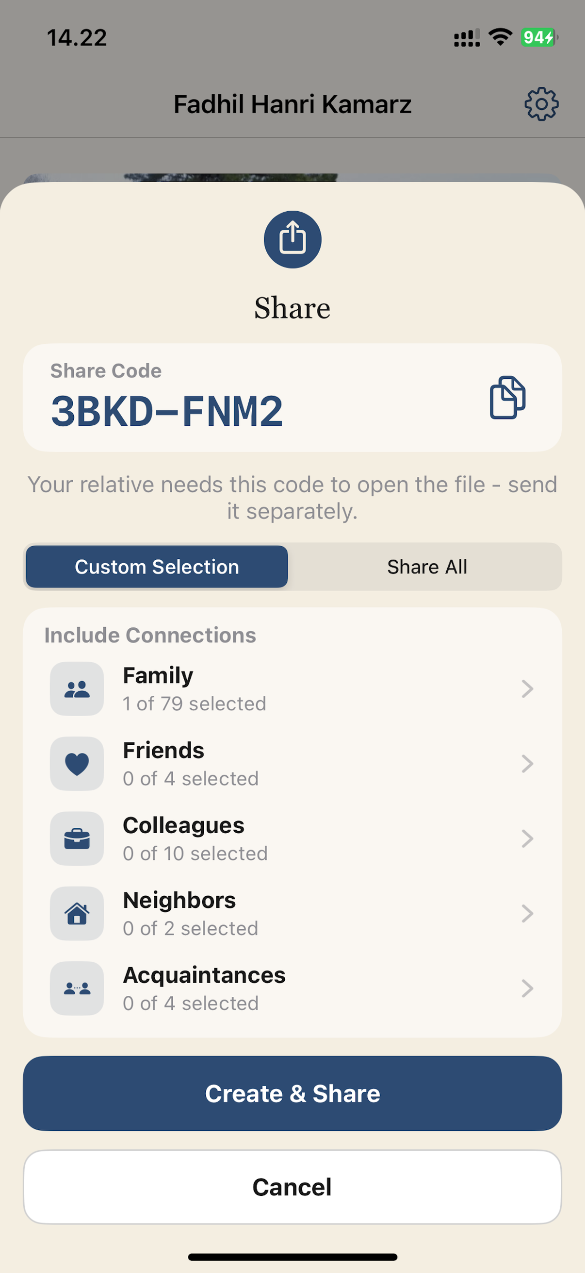 Encrypted share sheet with an 8-character code and category filters