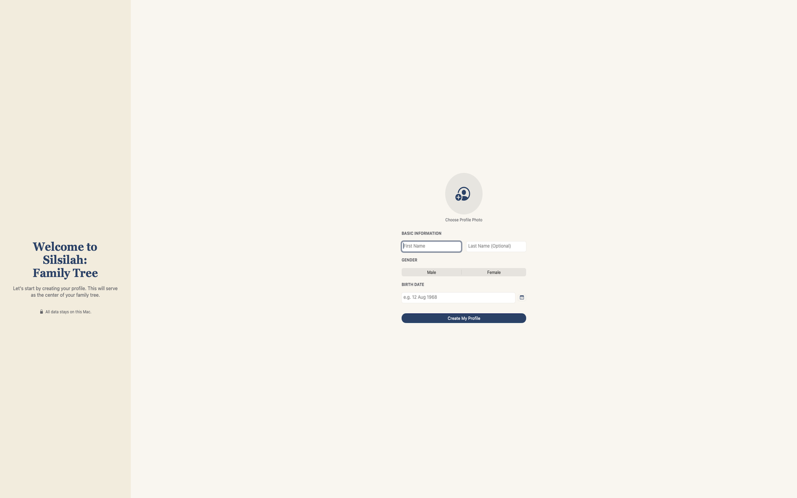 Creating your profile in the Mac app