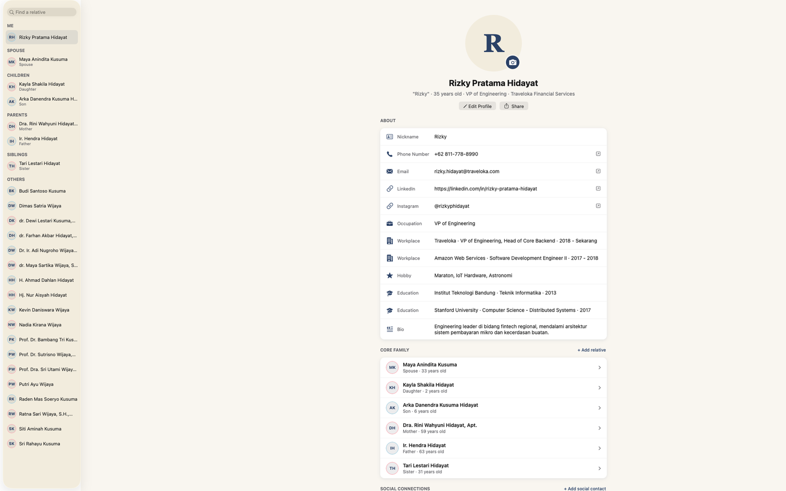 A full profile with core family listed in the Mac app