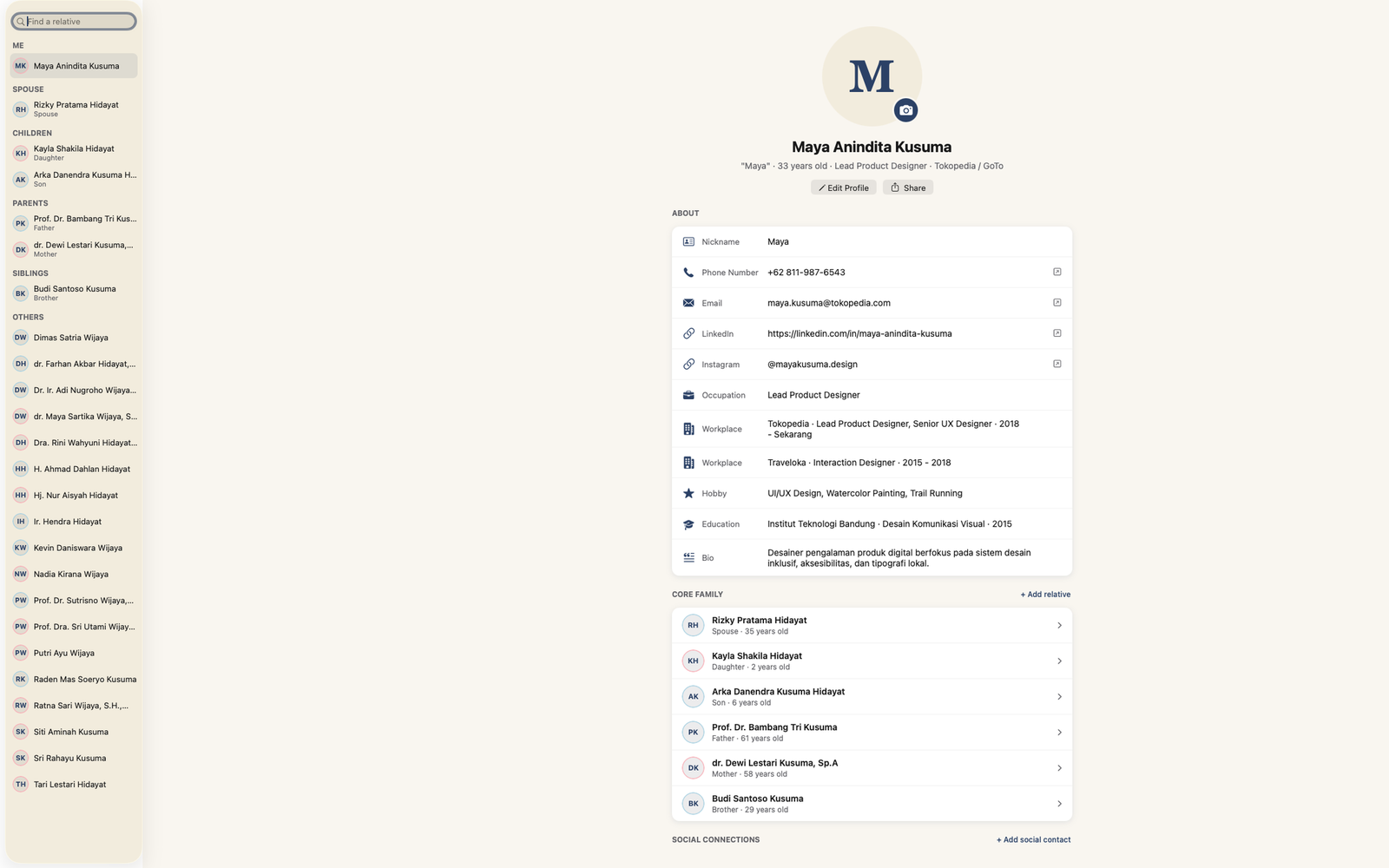 Contact, work and social details on a Mac profile