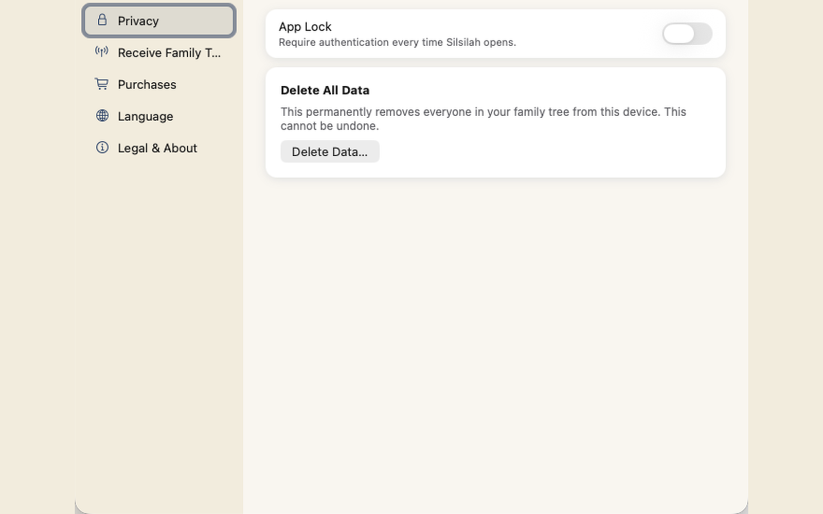 App lock and delete-all-data settings in the Mac app